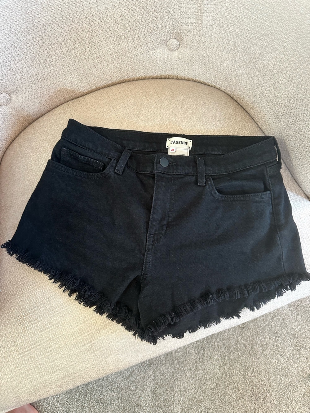 L’Agence Black Denim Shorts Size 28 Frayed Hem Like New Mid Rise